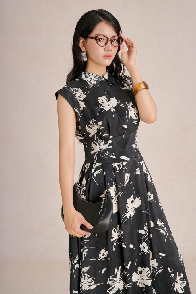 FDC35479 - Đầm công sở vải lụa mỏng dáng A cổ bẻ tay chờm eo váy đáp cạp bản to tạo kiểu cài khuy trước - PANTIO