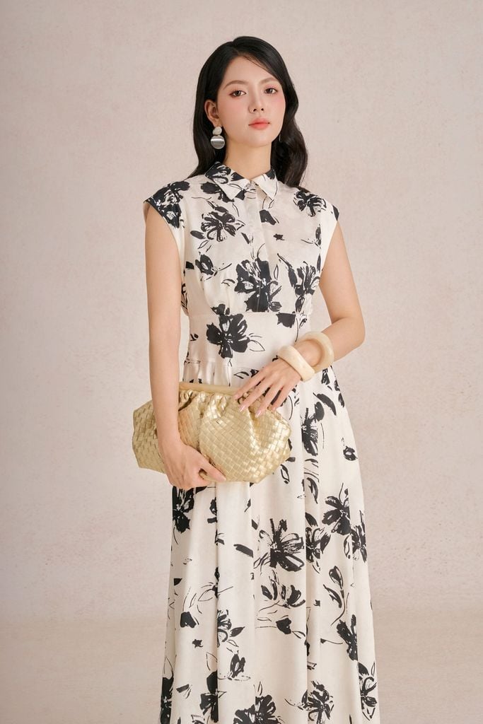 FDC35479 - Đầm công sở vải lụa mỏng dáng A cổ bẻ tay chờm eo váy đáp cạp bản to tạo kiểu cài khuy trước - PANTIO