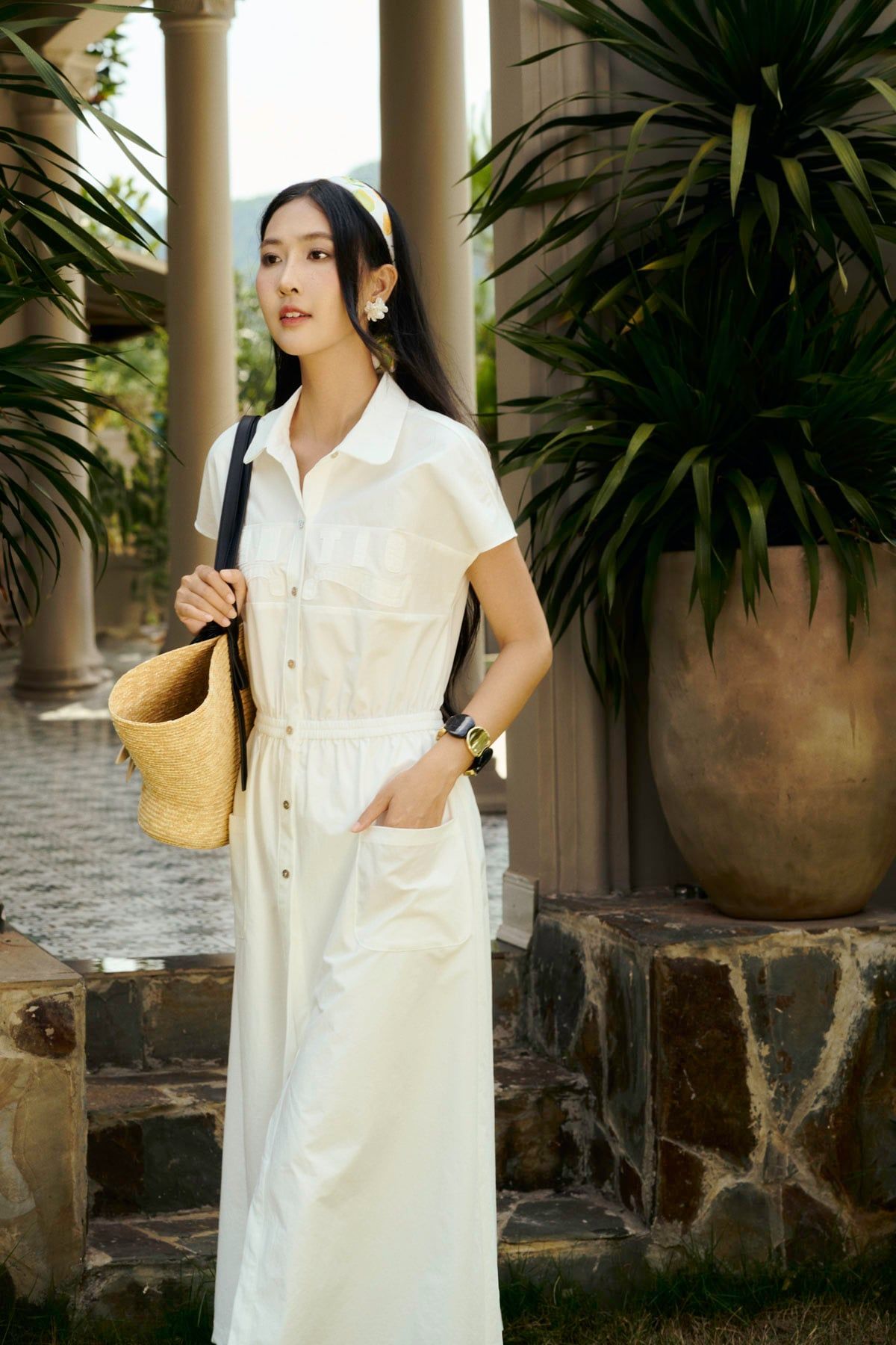 FDC35485 - Đầm công sở vải gió dáng chữ A cổ bẻ tay chờm ngực váy thêu hoạ tiết thời trang eo váy bo chun ôm tạo kiểu - PANTIO