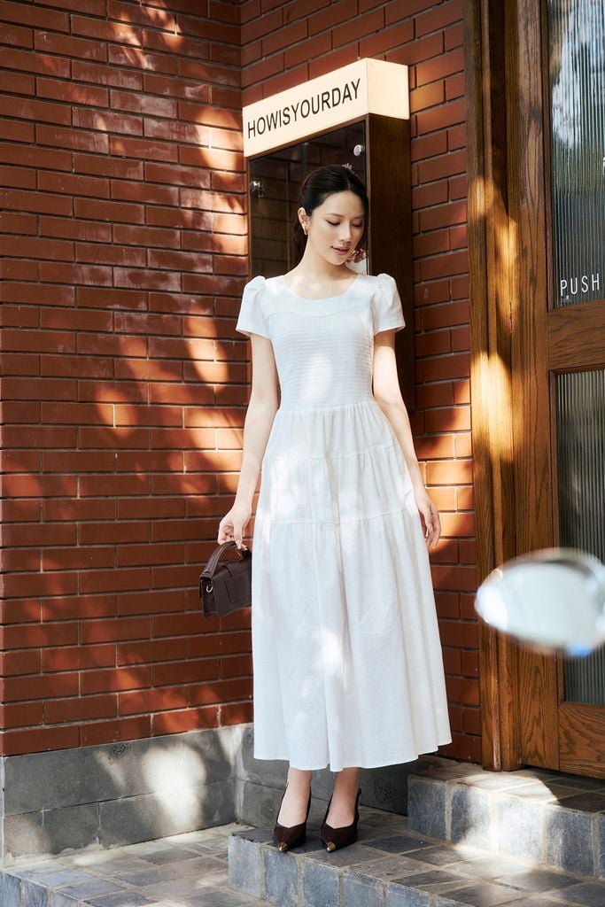 FDC35490 - Đầm công sở vải linen dáng chữ A cổ tròn tay cộc thân váy xếp nhún tạo xoè kèm đai thắt eo tạo kiểu khoá thân sau - PANTIO