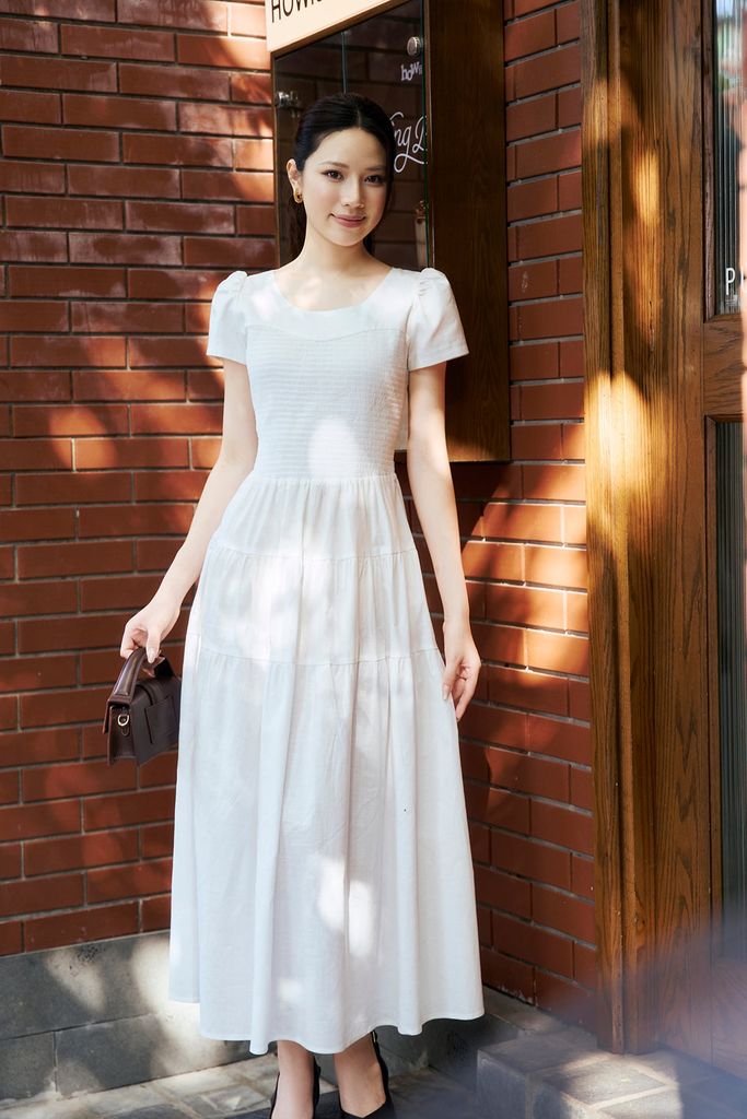 FDC35490 - Đầm công sở vải linen dáng chữ A cổ tròn tay cộc thân váy xếp nhún tạo xoè kèm đai thắt eo tạo kiểu khoá thân sau - PANTIO