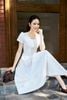 FDC35490 - Đầm công sở vải linen dáng chữ A cổ tròn tay cộc thân váy xếp nhún tạo xoè kèm đai thắt eo tạo kiểu khoá thân sau - PANTIO