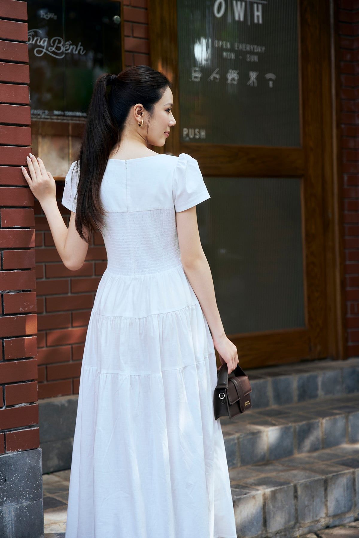 FDC35490 - Đầm công sở vải linen dáng chữ A cổ tròn tay cộc thân váy xếp nhún tạo xoè kèm đai thắt eo tạo kiểu khoá thân sau - PANTIO