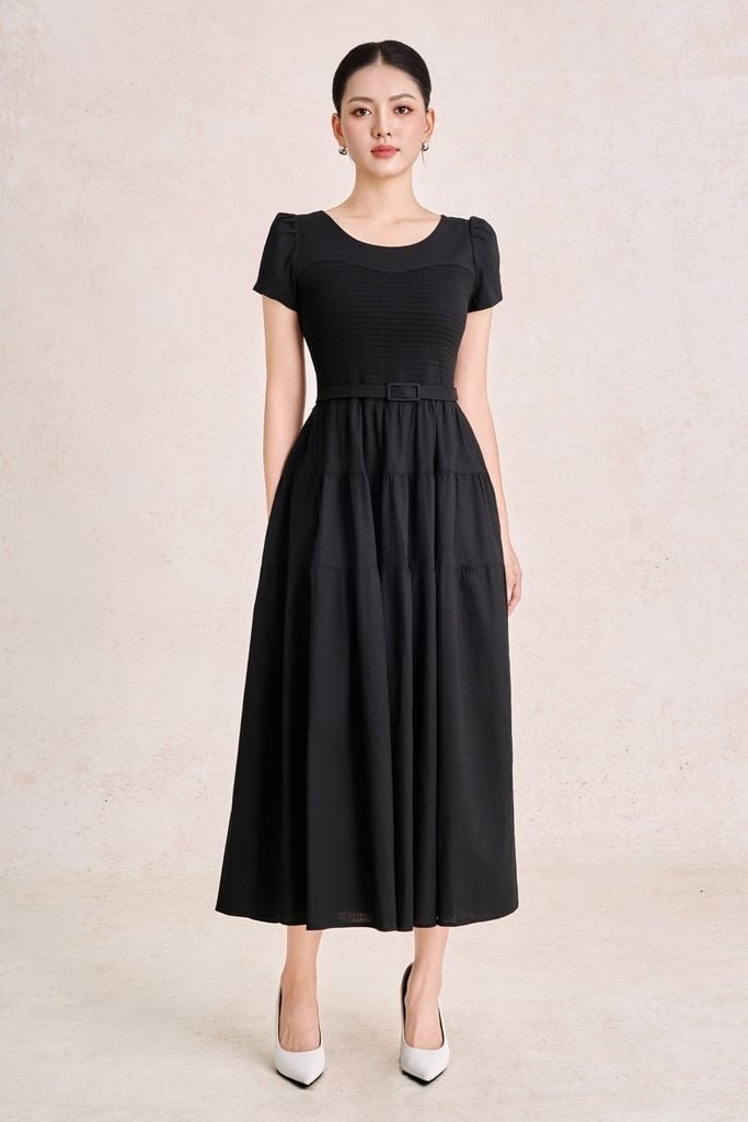 FDC35490 - Đầm công sở vải linen dáng chữ A cổ tròn tay cộc thân váy xếp nhún tạo xoè kèm đai thắt eo tạo kiểu khoá thân sau - PANTIO