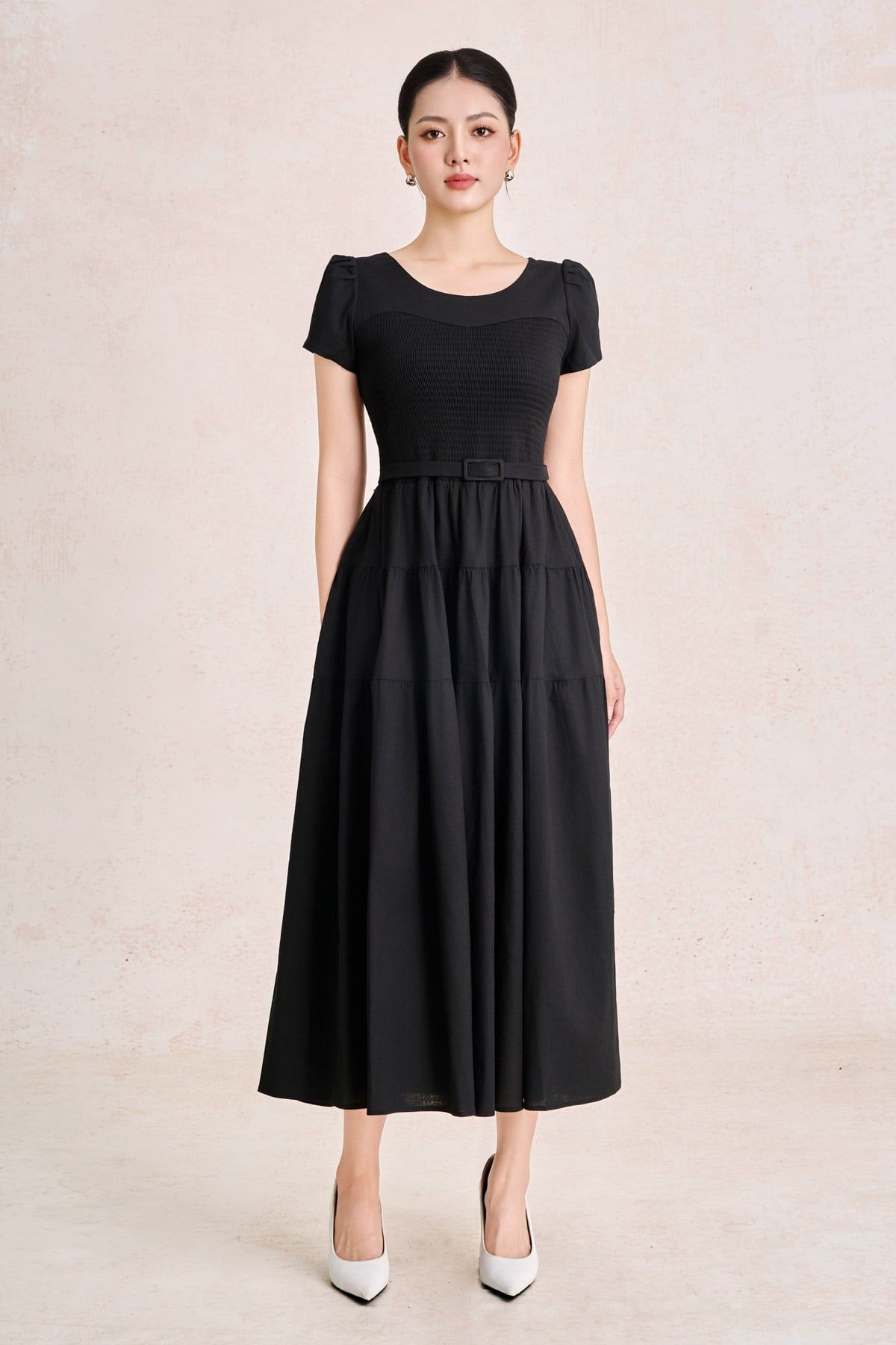 FDC35490 - Đầm công sở vải linen dáng chữ A cổ tròn tay cộc thân váy xếp nhún tạo xoè kèm đai thắt eo tạo kiểu khoá thân sau - PANTIO