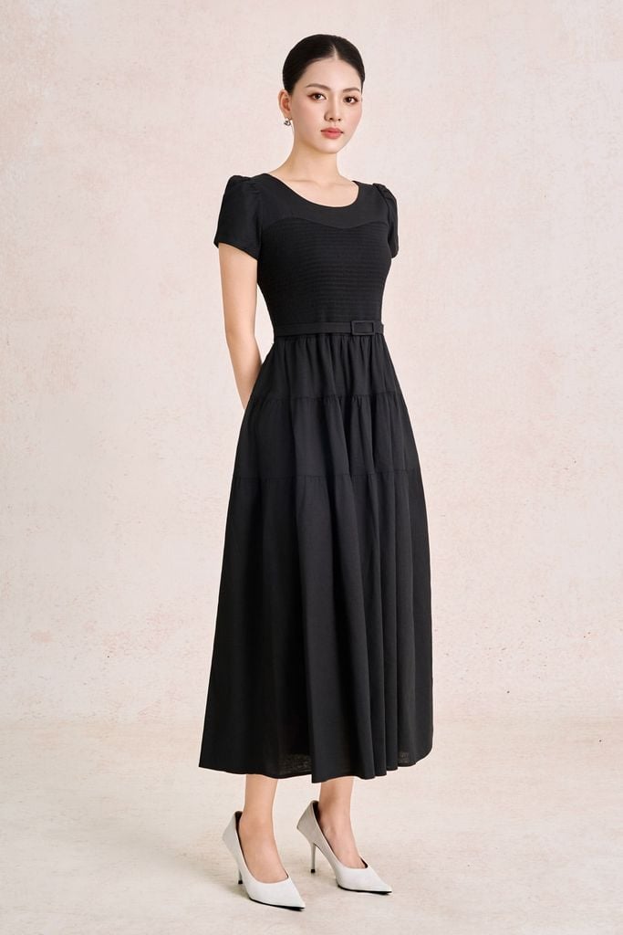 FDC35490 - Đầm công sở vải linen dáng chữ A cổ tròn tay cộc thân váy xếp nhún tạo xoè kèm đai thắt eo tạo kiểu khoá thân sau - PANTIO