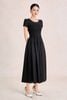 FDC35490 - Đầm công sở vải linen dáng chữ A cổ tròn tay cộc thân váy xếp nhún tạo xoè kèm đai thắt eo tạo kiểu khoá thân sau - PANTIO