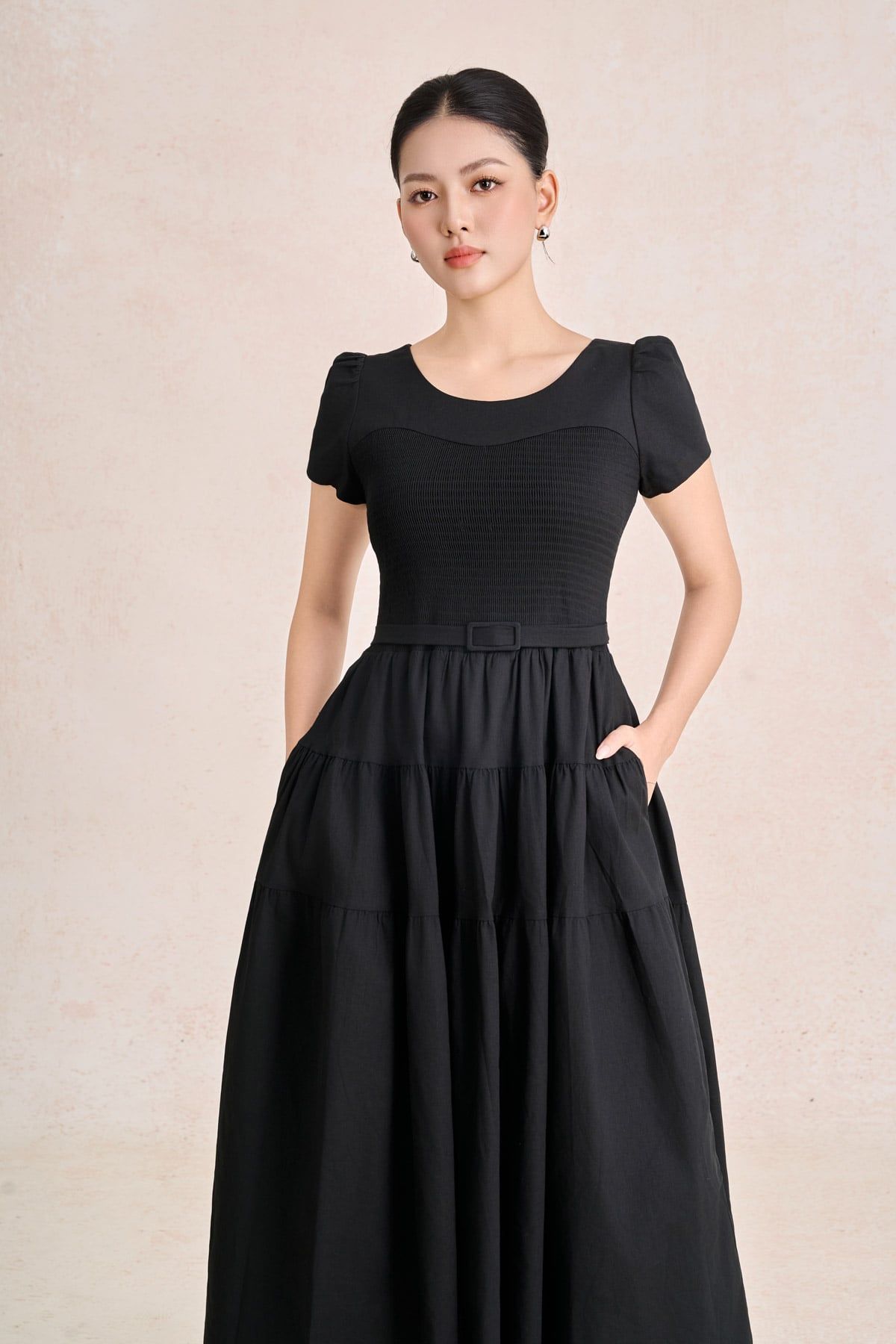 FDC35490 - Đầm công sở vải linen dáng chữ A cổ tròn tay cộc thân váy xếp nhún tạo xoè kèm đai thắt eo tạo kiểu khoá thân sau - PANTIO