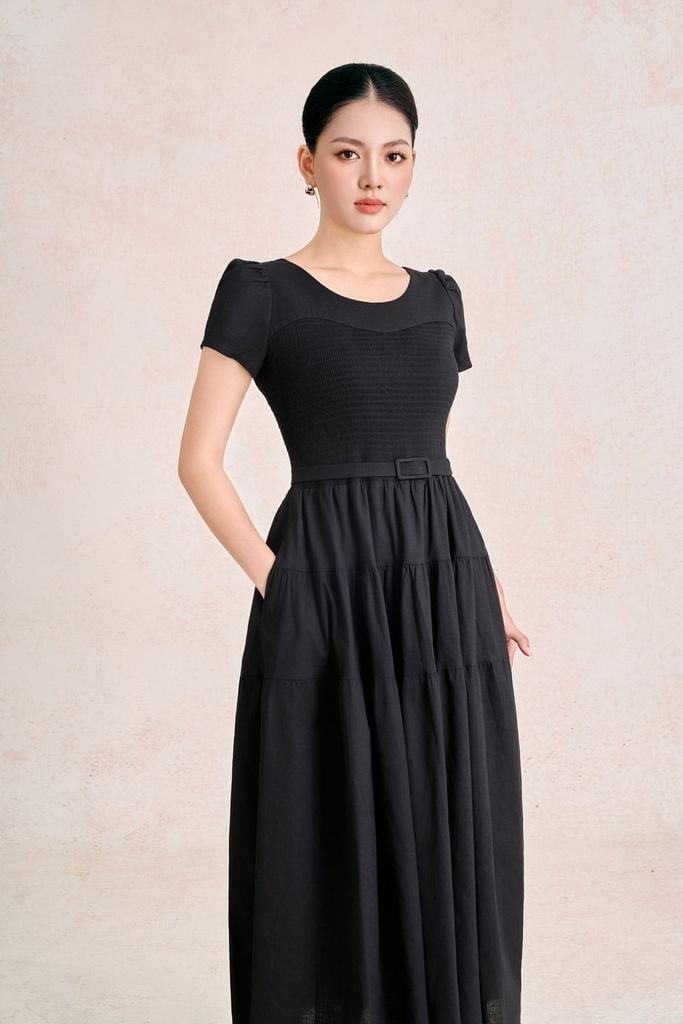 FDC35490 - Đầm công sở vải linen dáng chữ A cổ tròn tay cộc thân váy xếp nhún tạo xoè kèm đai thắt eo tạo kiểu khoá thân sau - PANTIO