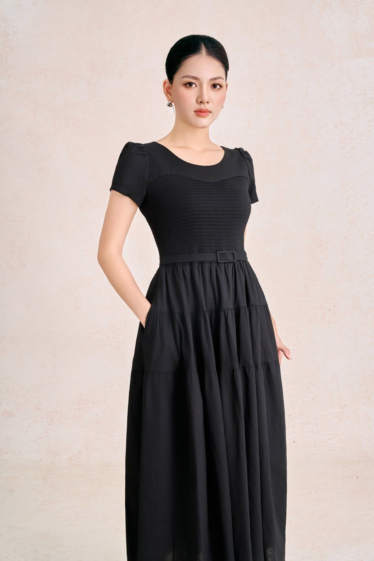 FDC35490 - Đầm công sở vải linen dáng chữ A cổ tròn tay cộc thân váy xếp nhún tạo xoè kèm đai thắt eo tạo kiểu khoá thân sau - PANTIO