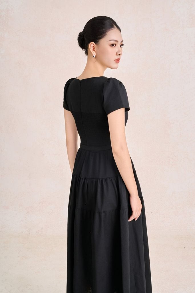 FDC35490 - Đầm công sở vải linen dáng chữ A cổ tròn tay cộc thân váy xếp nhún tạo xoè kèm đai thắt eo tạo kiểu khoá thân sau - PANTIO