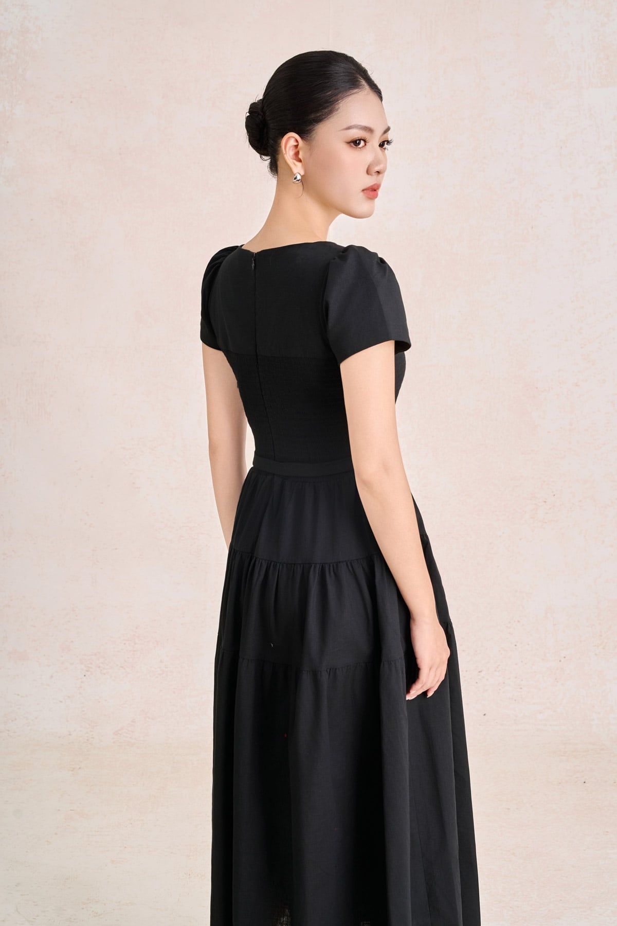 FDC35490 - Đầm công sở vải linen dáng chữ A cổ tròn tay cộc thân váy xếp nhún tạo xoè kèm đai thắt eo tạo kiểu khoá thân sau - PANTIO