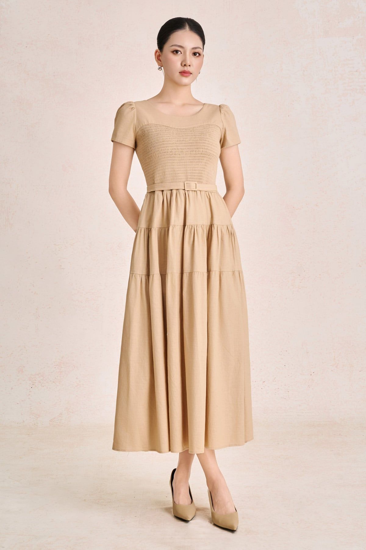FDC35490 - Đầm công sở vải linen dáng chữ A cổ tròn tay cộc thân váy xếp nhún tạo xoè kèm đai thắt eo tạo kiểu khoá thân sau - PANTIO