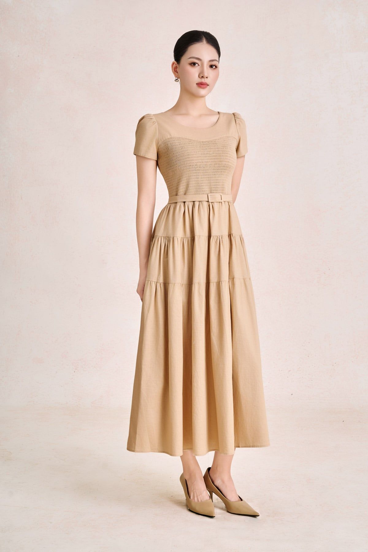 FDC35490 - Đầm công sở vải linen dáng chữ A cổ tròn tay cộc thân váy xếp nhún tạo xoè kèm đai thắt eo tạo kiểu khoá thân sau - PANTIO