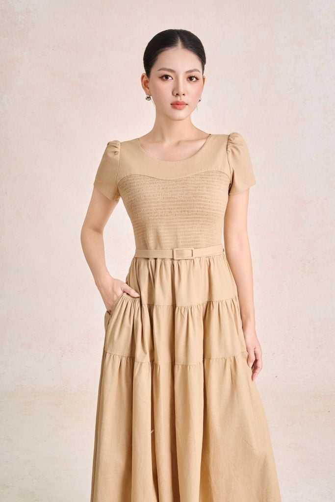 FDC35490 - Đầm công sở vải linen dáng chữ A cổ tròn tay cộc thân váy xếp nhún tạo xoè kèm đai thắt eo tạo kiểu khoá thân sau - PANTIO