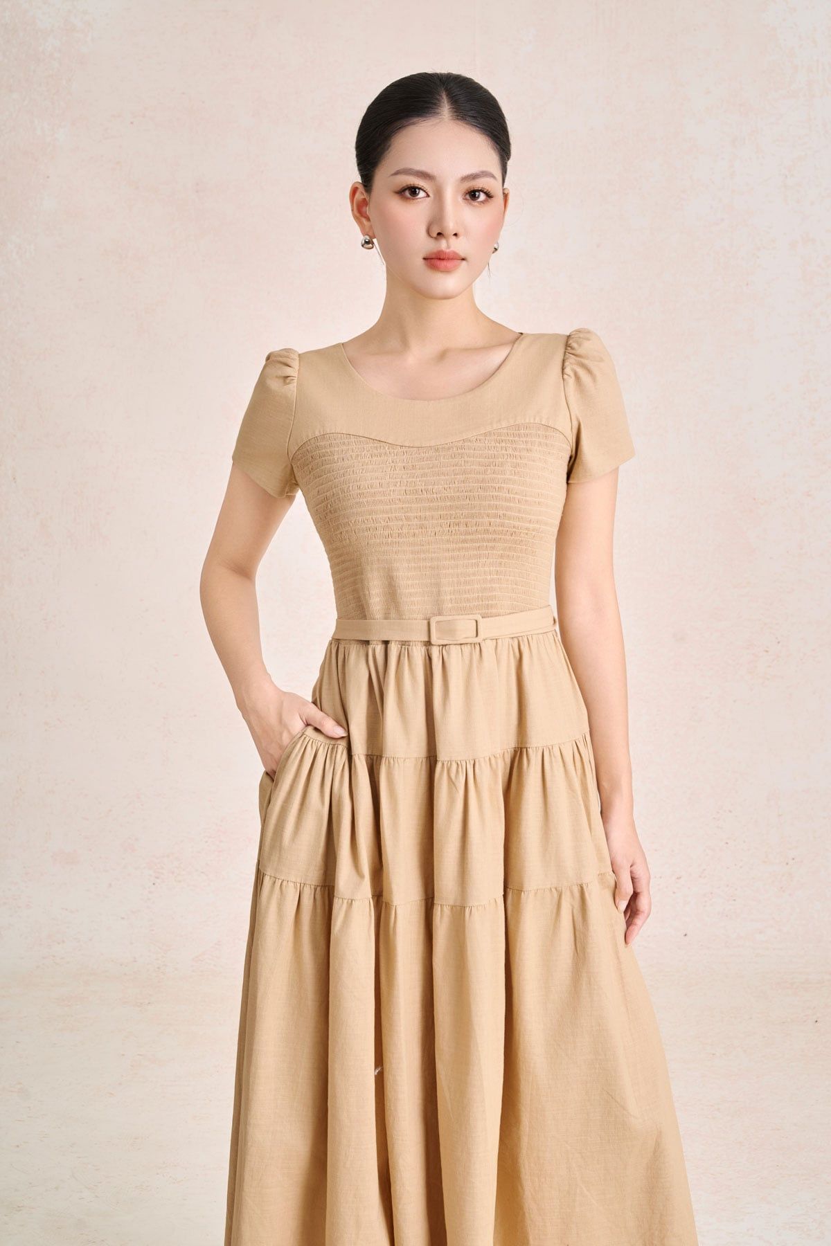 FDC35490 - Đầm công sở vải linen dáng chữ A cổ tròn tay cộc thân váy xếp nhún tạo xoè kèm đai thắt eo tạo kiểu khoá thân sau - PANTIO