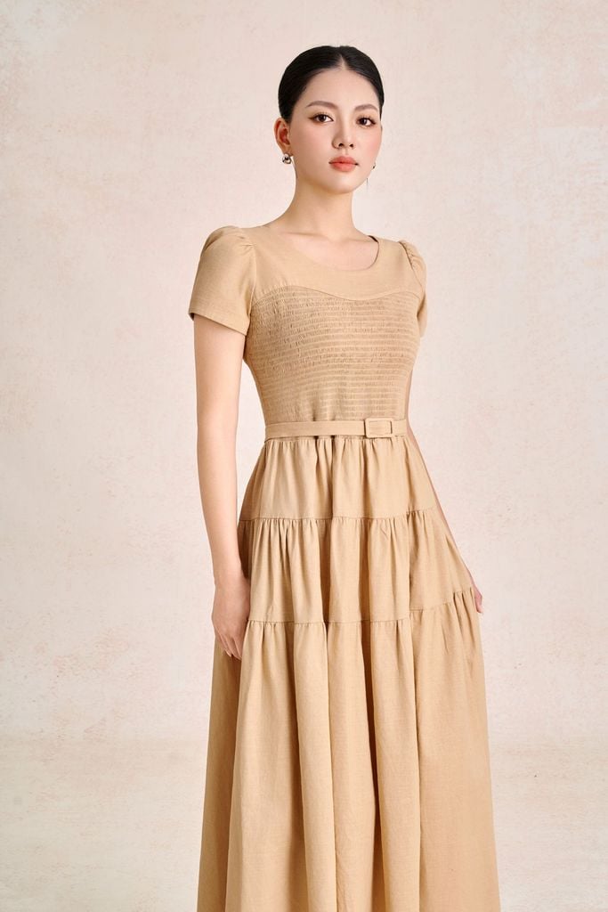 FDC35490 - Đầm công sở vải linen dáng chữ A cổ tròn tay cộc thân váy xếp nhún tạo xoè kèm đai thắt eo tạo kiểu khoá thân sau - PANTIO