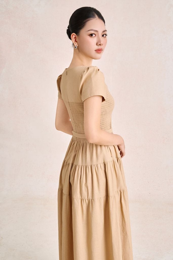 FDC35490 - Đầm công sở vải linen dáng chữ A cổ tròn tay cộc thân váy xếp nhún tạo xoè kèm đai thắt eo tạo kiểu khoá thân sau - PANTIO