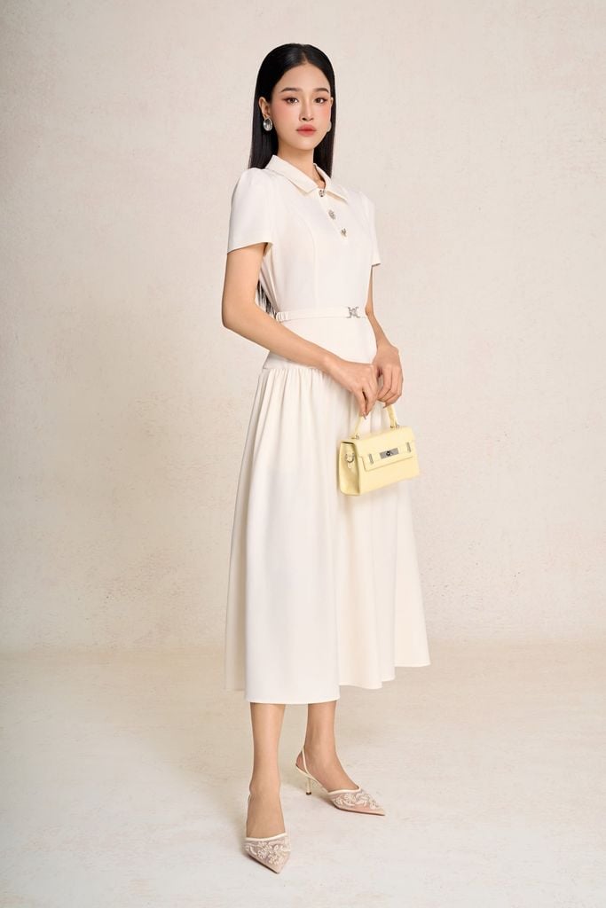 FDC35497 - Đầm công sở vải thô dáng chữ A cổ bẻ phối khuy tạo kiểu tay cộc eo đáp cạp bản to kèm đai lưng co giãn - PANTIO