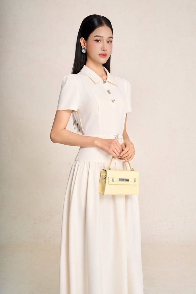 FDC35497 - Đầm công sở vải thô dáng chữ A cổ bẻ phối khuy tạo kiểu tay cộc eo đáp cạp bản to kèm đai lưng co giãn - PANTIO