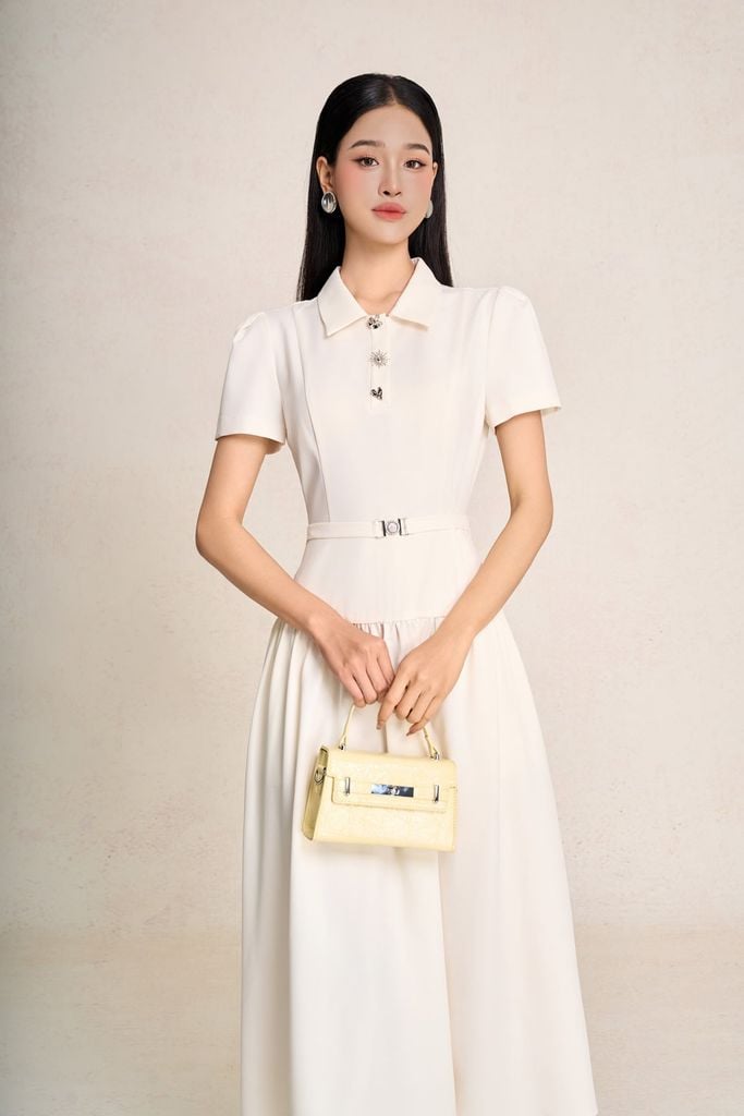 FDC35497 - Đầm công sở vải thô dáng chữ A cổ bẻ phối khuy tạo kiểu tay cộc eo đáp cạp bản to kèm đai lưng co giãn - PANTIO