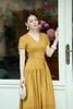 FDC35503 - Đầm công sở vải linen dáng chữ A cổ xẻ V tay cộc eo đáp cạp bản to thân váy xếp nhún tạo xoè - PANTIO