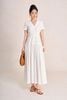 FDC35503 - Đầm công sở vải linen dáng chữ A cổ xẻ V tay cộc eo đáp cạp bản to thân váy xếp nhún tạo xoè - PANTIO