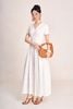 FDC35503 - Đầm công sở vải linen dáng chữ A cổ xẻ V tay cộc eo đáp cạp bản to thân váy xếp nhún tạo xoè - PANTIO