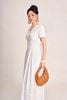 FDC35503 - Đầm công sở vải linen dáng chữ A cổ xẻ V tay cộc eo đáp cạp bản to thân váy xếp nhún tạo xoè - PANTIO
