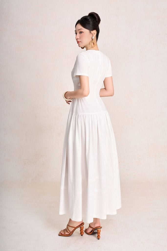 FDC35503 - Đầm công sở vải linen dáng chữ A cổ xẻ V tay cộc eo đáp cạp bản to thân váy xếp nhún tạo xoè - PANTIO