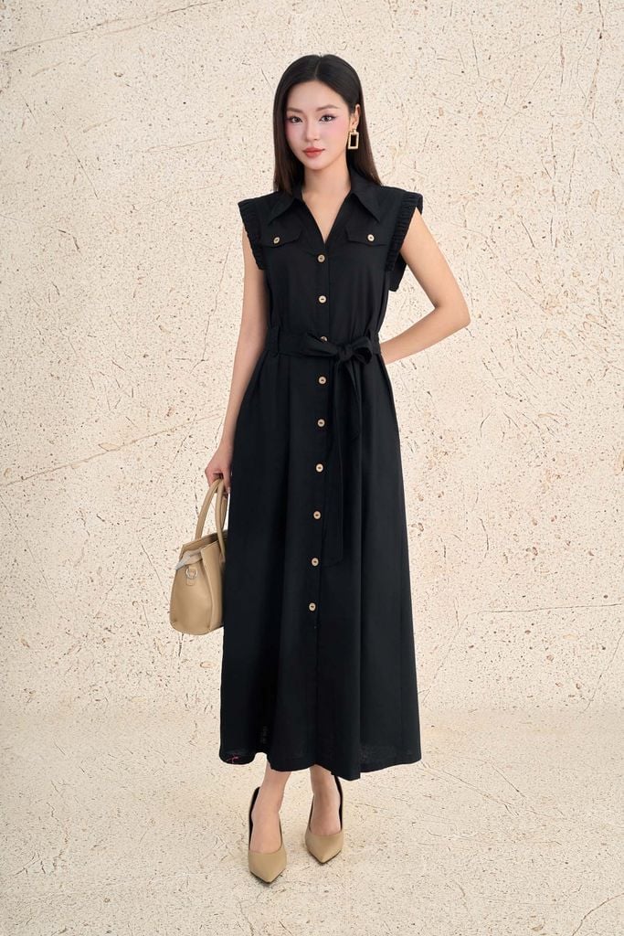 FDC35508 - Đầm công sở vải linen dáng suông cổ xẻ V tay chờm thân váy phối khuy tạo kiểu eo có dây đai thời trang - PANTIO