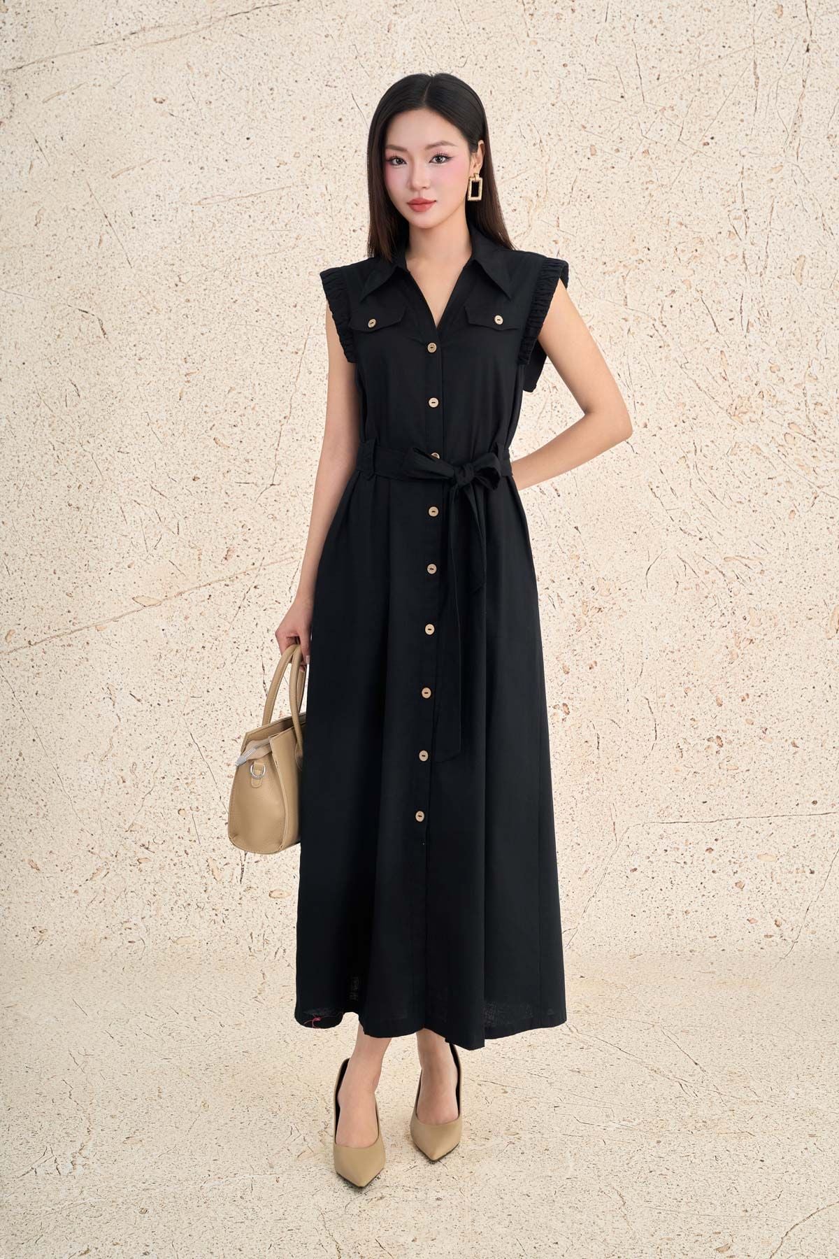 FDC35508 - Đầm công sở vải linen dáng suông cổ xẻ V tay chờm thân váy phối khuy tạo kiểu eo có dây đai thời trang - PANTIO