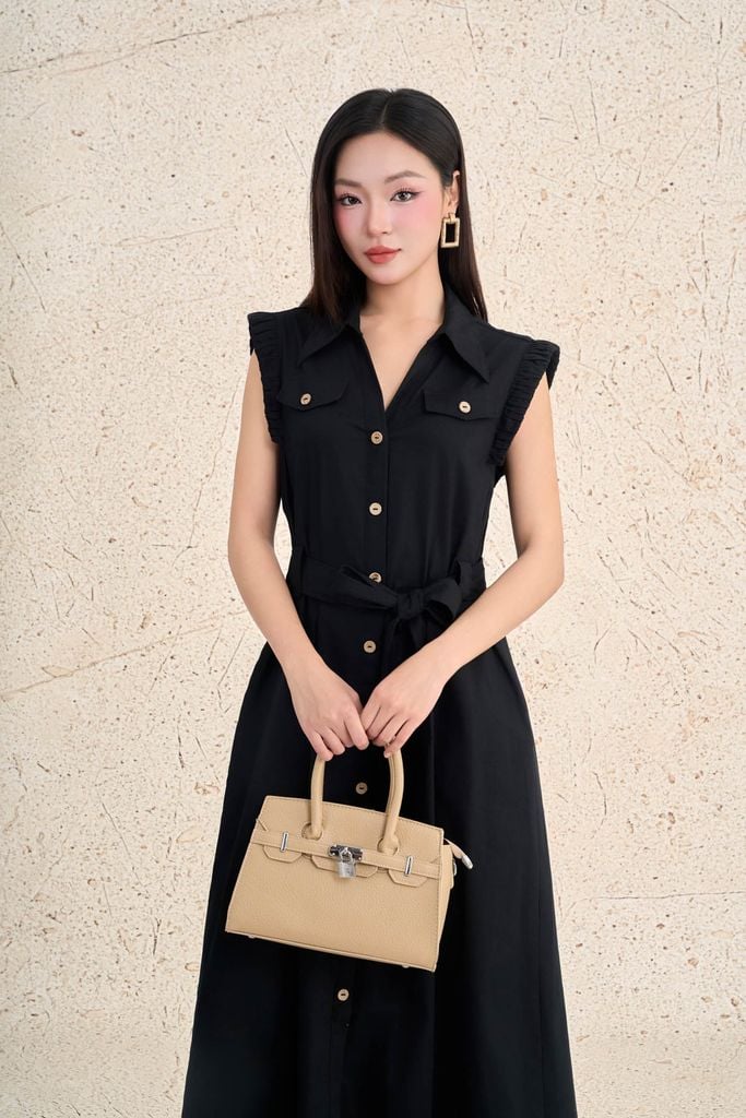 FDC35508 - Đầm công sở vải linen dáng suông cổ xẻ V tay chờm thân váy phối khuy tạo kiểu eo có dây đai thời trang - PANTIO