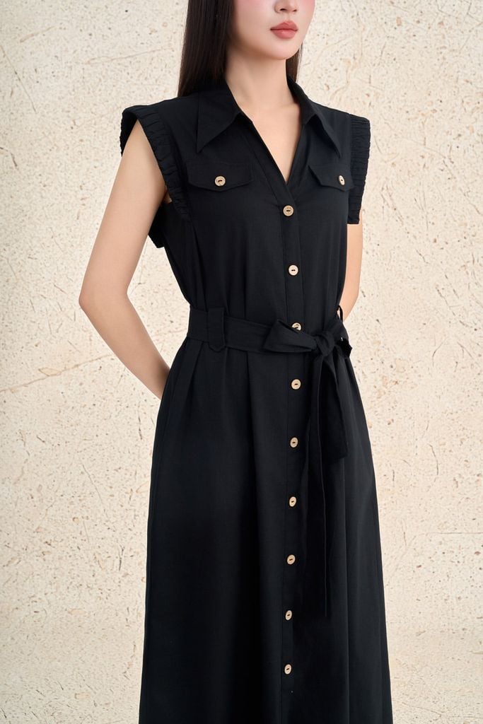 FDC35508 - Đầm công sở vải linen dáng suông cổ xẻ V tay chờm thân váy phối khuy tạo kiểu eo có dây đai thời trang - PANTIO