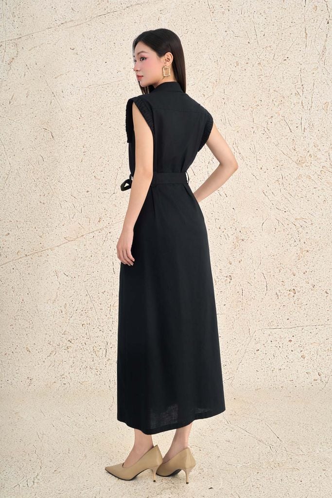 FDC35508 - Đầm công sở vải linen dáng suông cổ xẻ V tay chờm thân váy phối khuy tạo kiểu eo có dây đai thời trang - PANTIO