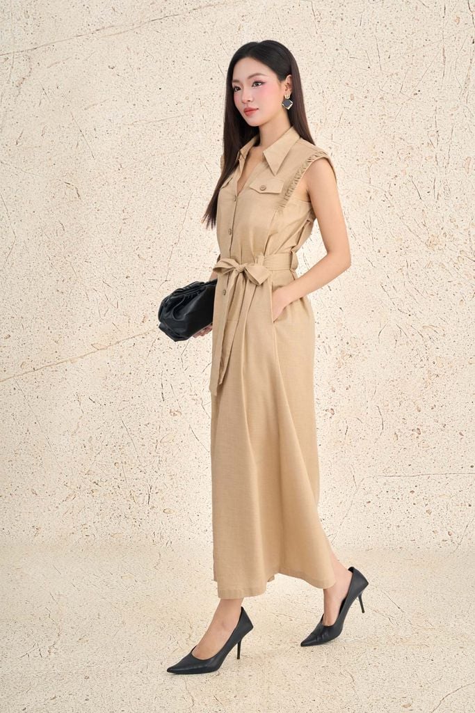 FDC35508 - Đầm công sở vải linen dáng suông cổ xẻ V tay chờm thân váy phối khuy tạo kiểu eo có dây đai thời trang - PANTIO