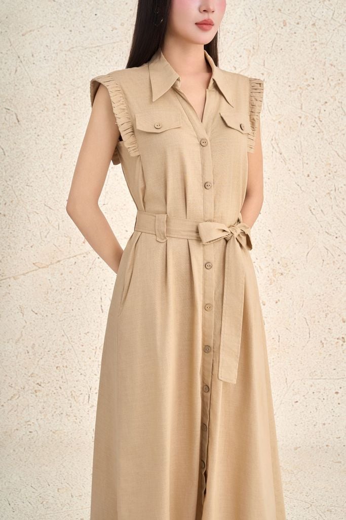 FDC35508 - Đầm công sở vải linen dáng suông cổ xẻ V tay chờm thân váy phối khuy tạo kiểu eo có dây đai thời trang - PANTIO