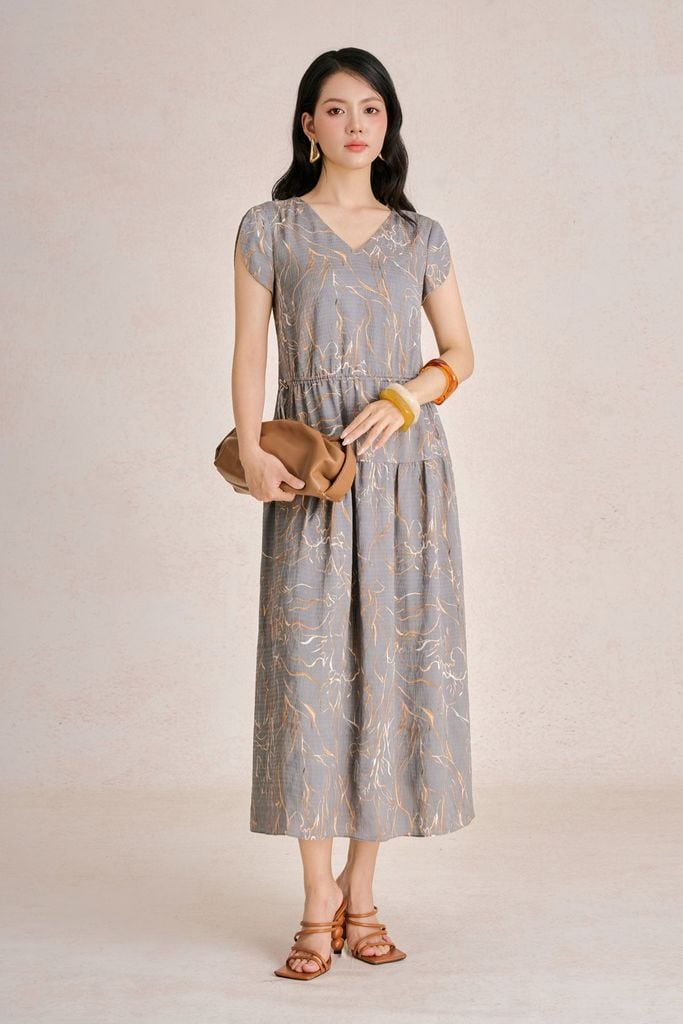 FDC35521 - Đầm công sở vải lụa cát dáng suông cổ xẻ V tay chờm thân váy phối ly bung tạo xoè - PANTIO