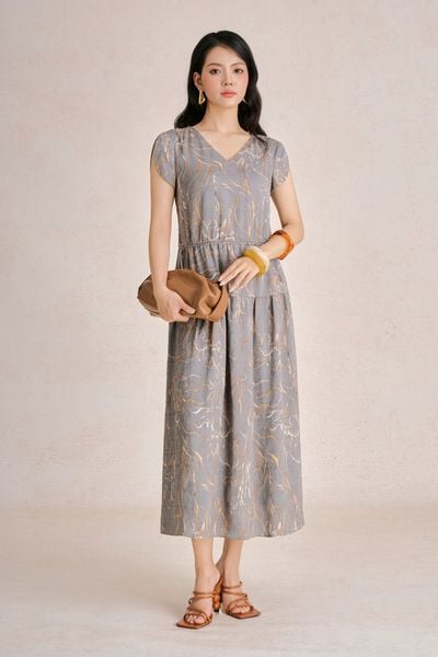 FDC35521 - tỷ lệ kèo 8899 vải lụa cát dáng suông cổ xẻ V tay chờm thân váy phối ly bung tạo xoè - tỷ lệ kèo 8899