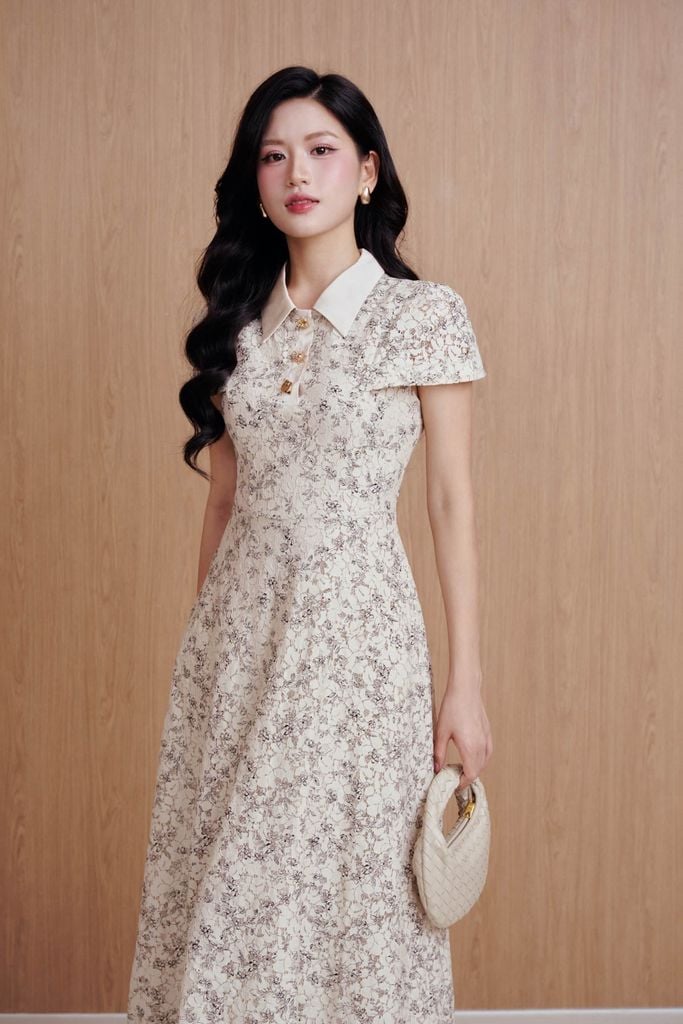 FDC35523 - Đầm công sở vải ren hoa dáng chữ A cổ bẻ tay chờm khóa thân sau - PANTIO