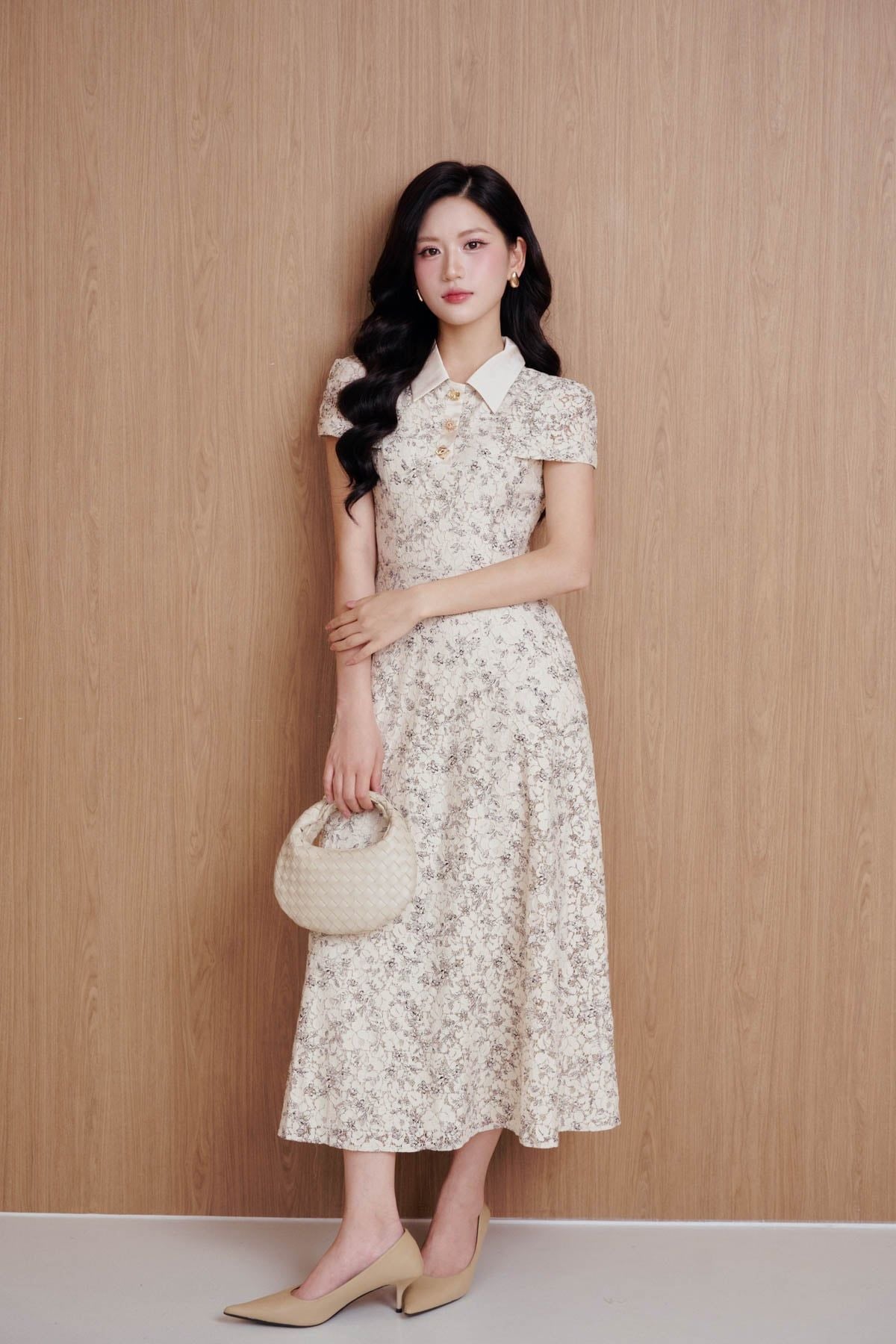 FDC35523 - Đầm công sở vải ren hoa dáng chữ A cổ bẻ tay chờm khóa thân sau - PANTIO