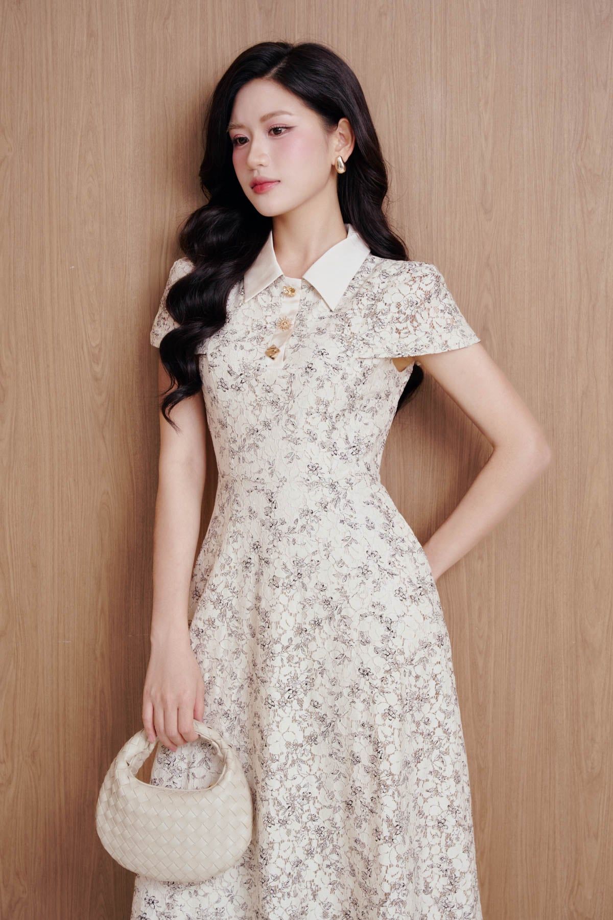 FDC35523 - Đầm công sở vải ren hoa dáng chữ A cổ bẻ tay chờm khóa thân sau - PANTIO