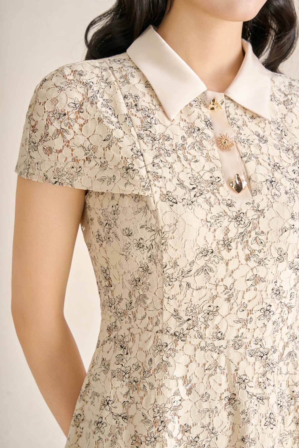 FDC35523 - Đầm công sở vải ren hoa dáng chữ A cổ bẻ tay chờm khóa thân sau - PANTIO
