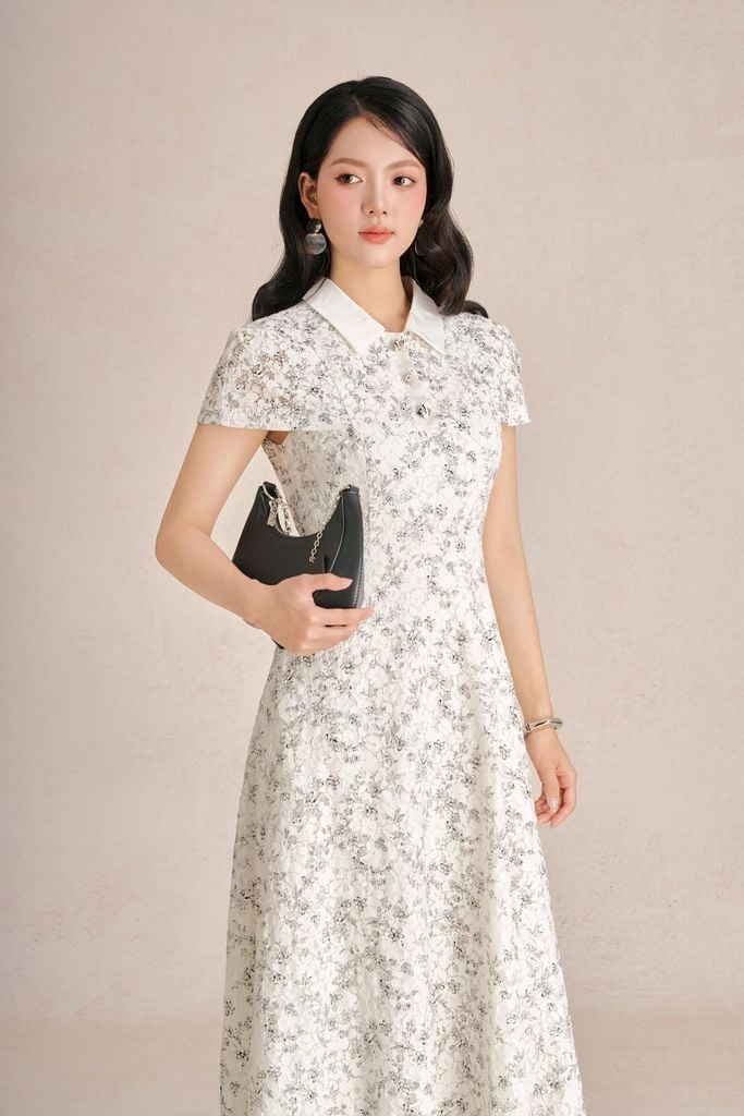 FDC35523 - Đầm công sở vải ren hoa dáng chữ A cổ bẻ tay chờm khóa thân sau - PANTIO