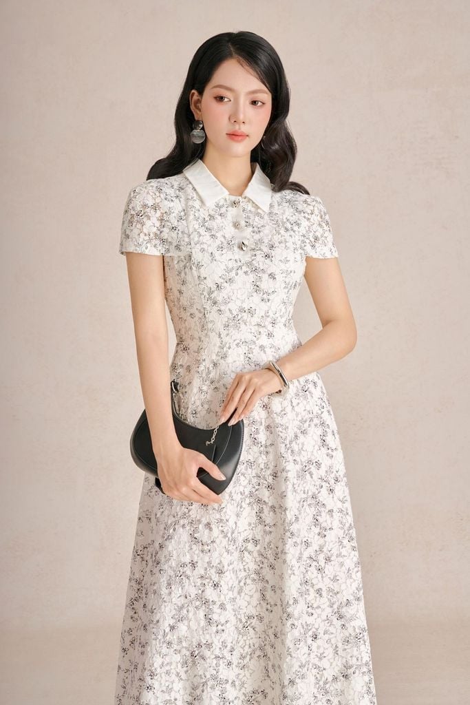 FDC35523 - Đầm công sở vải ren hoa dáng chữ A cổ bẻ tay chờm khóa thân sau - PANTIO