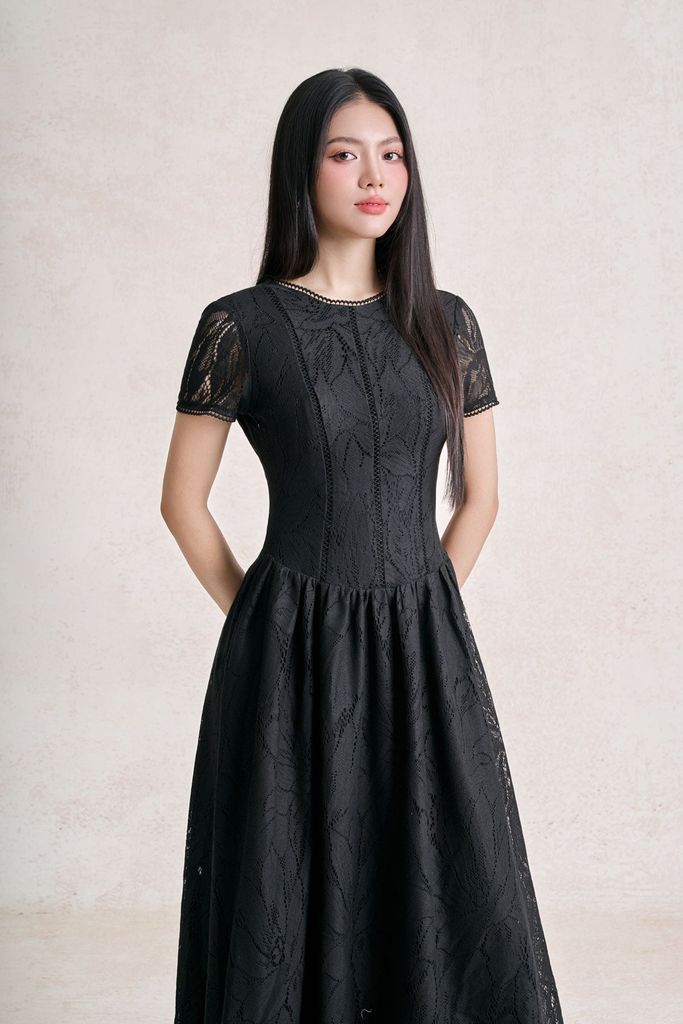 FDC35531 - tỷ lệ kèo 8899 vải ren hoa dáng chữ A cổ tròn tay cộc thân váy xếp nhún tạo xoè khoá thân sau - tỷ lệ kèo 8899