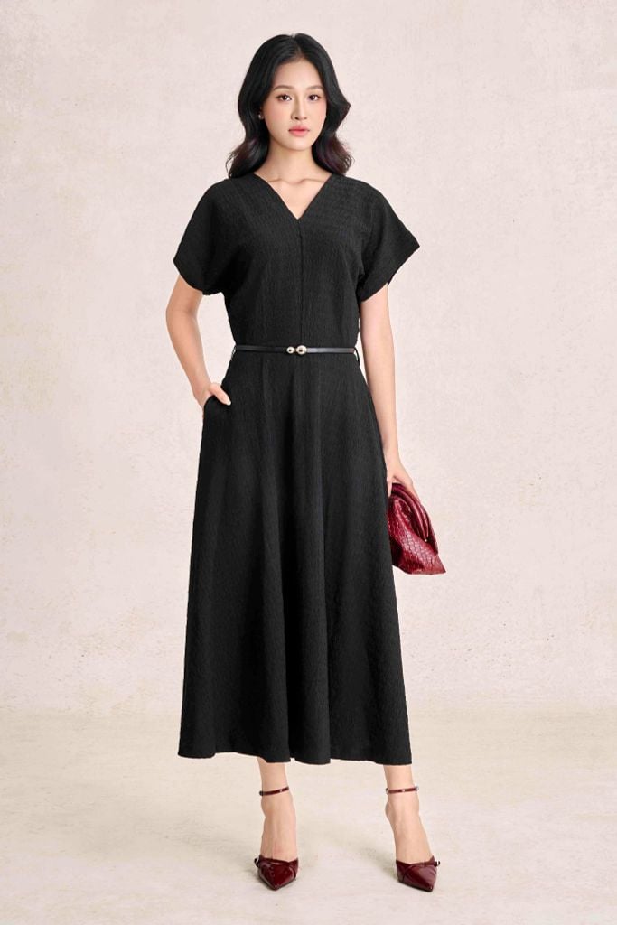 FDC35544 - Đầm công sở vải thô chun dáng chữ A cổ xẻ V tay chờm eo phối đai tạo kiểu khoá thân sau - PANTIO