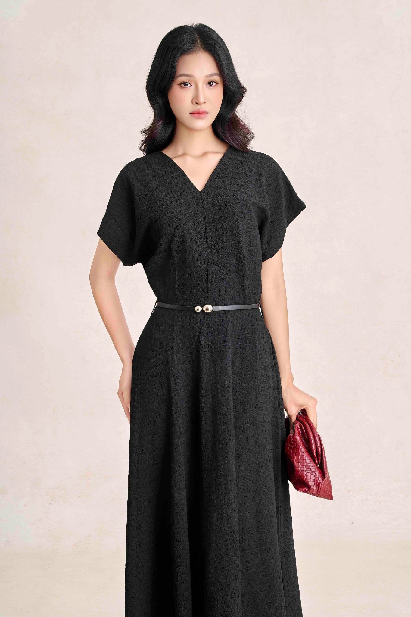 FDC35544 - Đầm công sở vải thô chun dáng chữ A cổ xẻ V tay chờm eo phối đai tạo kiểu khoá thân sau - PANTIO