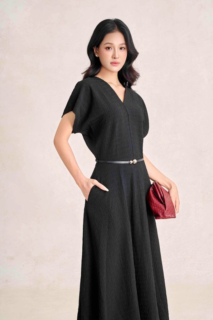 FDC35544 - Đầm công sở vải thô chun dáng chữ A cổ xẻ V tay chờm eo phối đai tạo kiểu khoá thân sau - PANTIO
