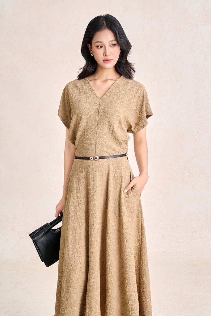FDC35544 - Đầm công sở vải thô chun dáng chữ A cổ xẻ V tay chờm eo phối đai tạo kiểu khoá thân sau - PANTIO